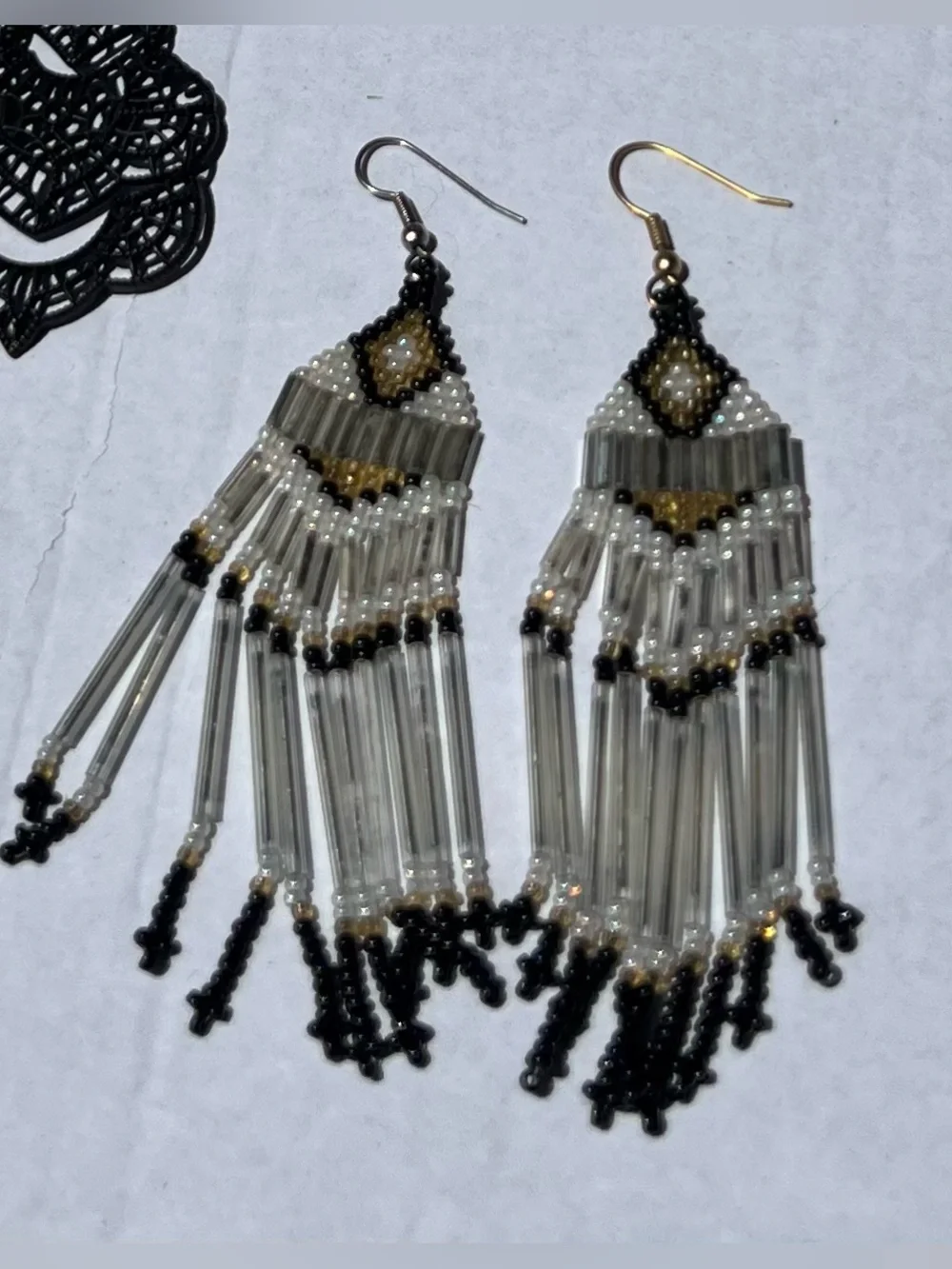 Handmade Beaded Fringe Earrings - White, Black & Gold